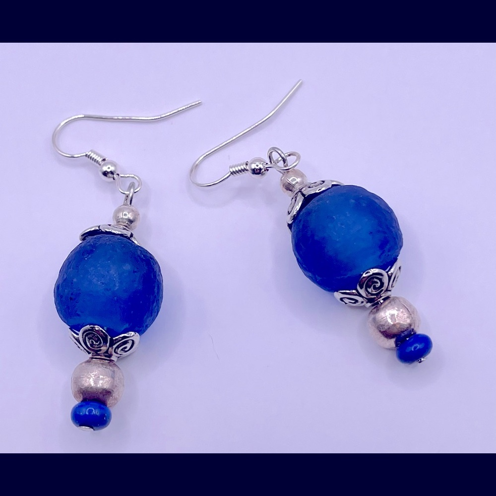 Bright Blue Beaded Drop Earrings